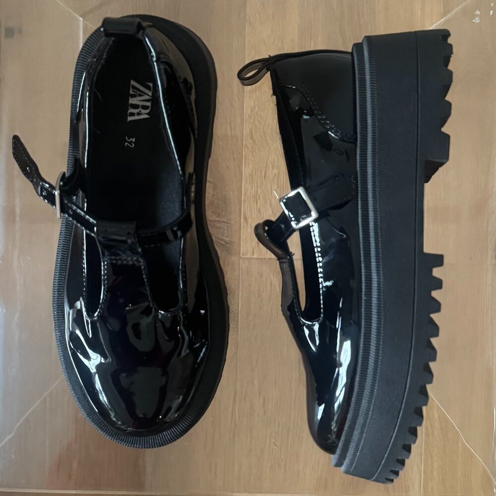 Zara Kids Black Patent Platform Mary Jane Shoes EU 32 NWOT